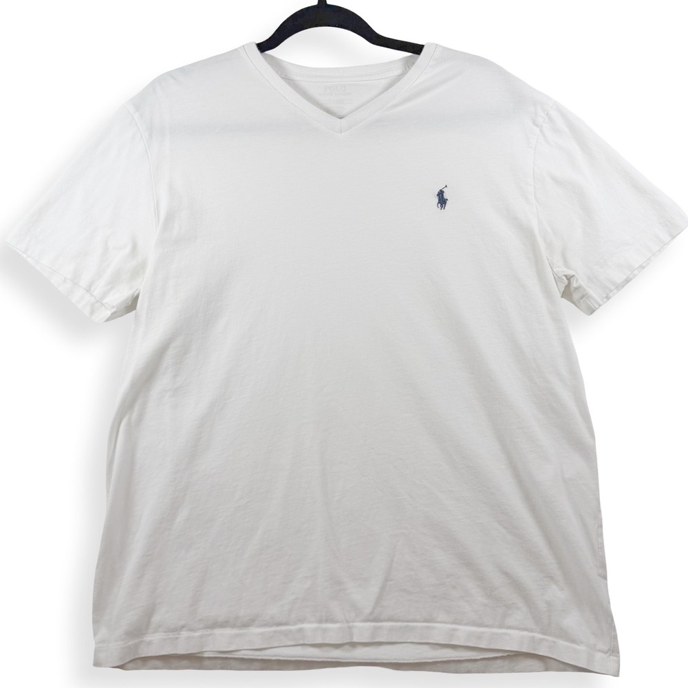 Polo Ralph Lauren Mens Large White V Neck T Shirt Navy Pony Logo Cotton Tee